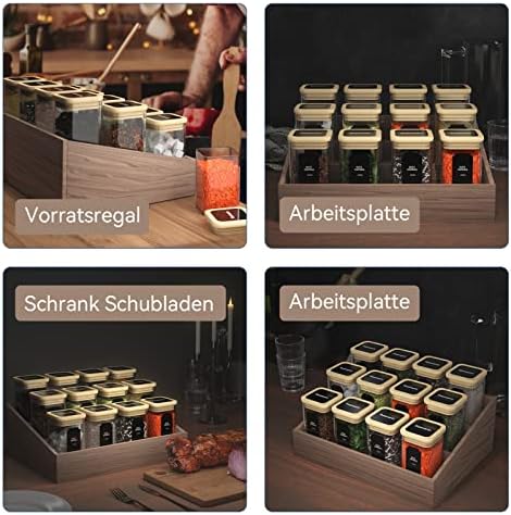 Set vierkante kruidenpotjes – 12 x 200 ml, hoogwaardige glazen kruidenpotjes, glazen potjes met bamboedeksel, luchtdichte voorraadpotjes, glazenset met etiketten en