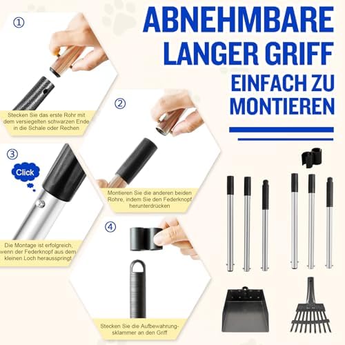 Hondenpoepverzamelaar, afneembaar, set van 2 hondenpoepschepjes voor tuin, gazon, poepschep en hark, metalen hark en schep voor grote en middelgrote honden met lange verstelbare