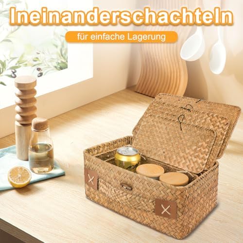 Rieten opbergmand met deksel, 3 stuks gevlochten manden van natuurlijk zeegras, multifunctionele opbergbox voor speelgoed, cosmetica,