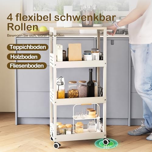 Metalen trolley met 4 niveaus, nischerek op wielen, smalle keukentrolley met werkblad, nischtrolley voor kleine ruimtes, keuken, woonkamer, werkkamer, badkamer (wit)