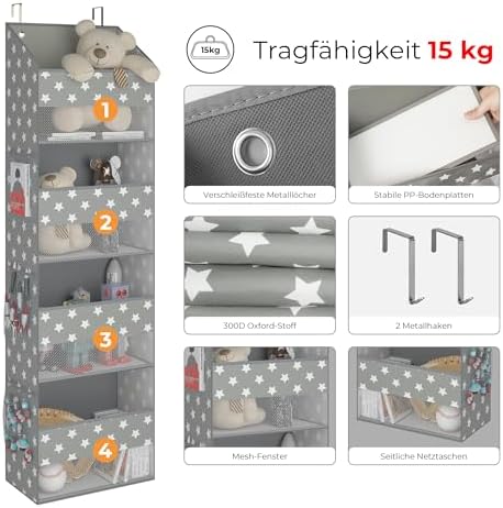 Ging-deurorganizer met 4 vakken, hangende opbergorganizer voor de achterkant van de deur, grijze deurplank om op te hangen, deurorganizer, hangende organizer voor de slaapkamer