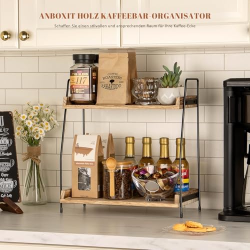 Koffie-organizer, houten keukenorganizer, keukenrek voor aanrecht, 2-laags rek voor koffiebar voor keuken, thuis, kantoor – bruin
