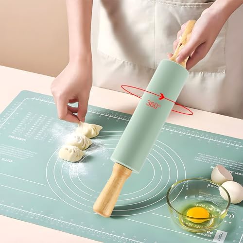 Deegroller, geribbelde deegroller, hout, siliconen, grote deegroller, deegroller met houten handvat en antiaanbaklaag, deegroller, 38 cm, deegroller voor gebak, de