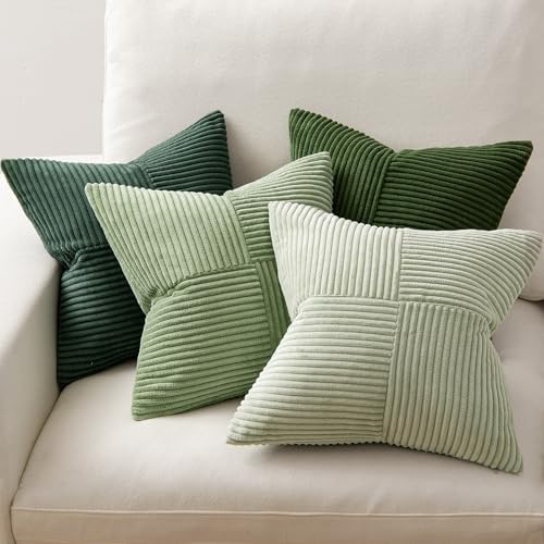 Set van 4 kussenslopen, 50 x 50 cm, corduroy bankkussens, patchwork-serie in groen, decoratieve kussenslopen, vierkante decoratieve kussenslopen voor de bank