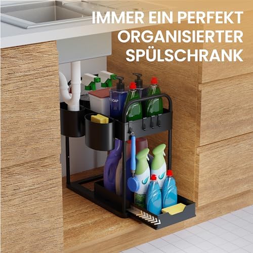 Plank voor onder de wastafel voor onderbouwkast, in hoogte verstelbaar, met 2 niveaus, in zwart | Keukenorganizer voor onderbouwkast, kruidenrek | Wastafel