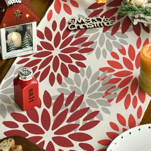 Tafelloper met rode dahlia's en herfstmotieven, seizoensgebonden kerstversiering voor de keukentafel, voor binnen, feestdagen, feestversiering, 40 x 240 cm