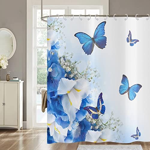 Douchegordijn, blauw 180 x 180 cm, bloemen en vlinders, natuur, droom-fantasie-tuin-badkamergordijn, waterdicht, polyesterweefsel, wasbaar badkamergordijn