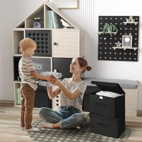 Set van 2 opbergboxen met deksel, opvouwbare opbergbox met handvat, opbergmanden van stof, kledingkast-organizer, opvouwbare box voor kleding, zwart