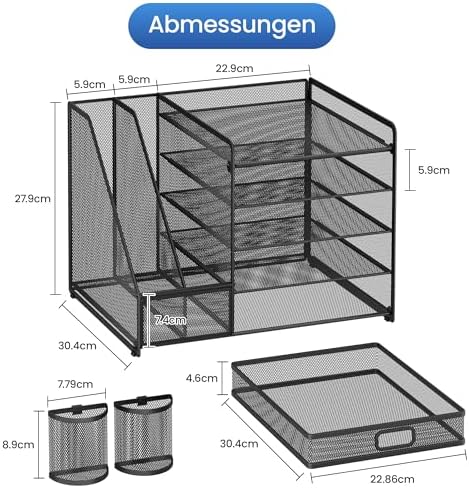 Bureau-organizer, 5-delige brievenbak met lades, documenthouder met 2 pennenhouders, bureau-organizer met opbergruimte, kantoorbenodigdheden voor A4-documenten