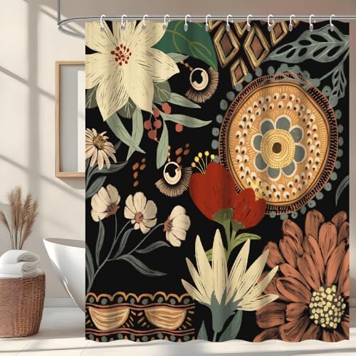 Douchegordijn, 180 x 180 cm, met groene bladeren, boho-bloemen, tropische bloemen, schimmelbestendig, wasbaar, waterdicht, polyester, douchegordijn met 12 haken, voor de badkamer