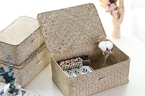 Zeegras opbergmand met deksel, handgevlochten rechthoekige rotanbox voor speelgoed, kleding, boeken, sleutels, make-up organizer, set van 3 opbergmanden