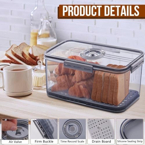 Broodtrommel Broodbak voor de keuken Luchtdicht, broodbak met deksel en tijdsaanduiding, broodbewaring voor zelfgebakken brood, toast, bagels, Dou