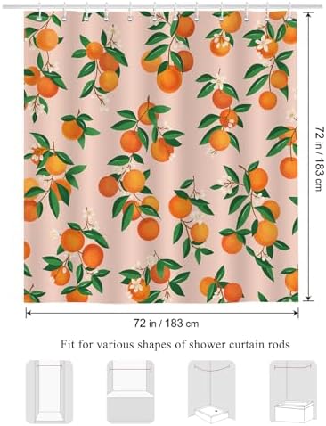 Douchegordijn, oranje, fruit, citrusvruchten, groene bladeren, 180 x 180 cm, schimmelbestendig, waterdicht, polyester, wasbaar, badgordijn voor de badkamer met 12 haken