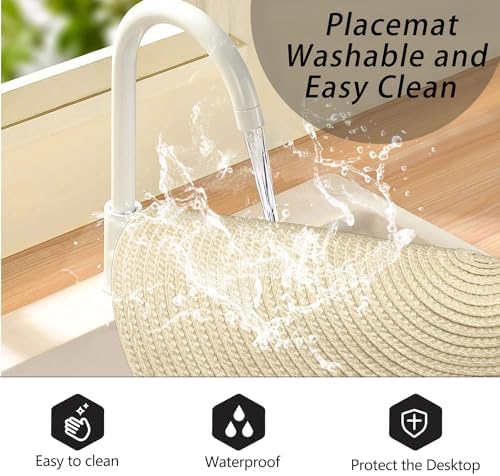 Ronde placemats, set van 6, wasbaar, 34 cm, hittebestendige placemats, onderleggers voor in de keuken, diner (beige)