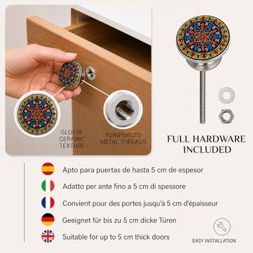Set van 10 vintage keramische knoppen met bloemmotief, handgeschilderde, handgemaakte knoppen voor kasten, lades, commodes en kleerhangers, klassieke knoppen, diameter 40 mm