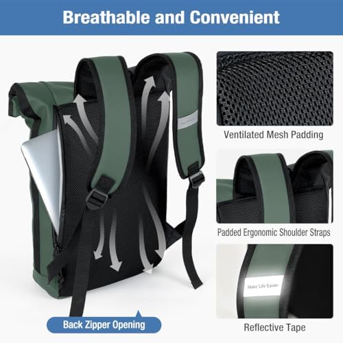 Laptoprugzak, waterdichte rolltop-wandelrugzak voor dames en heren, lichtgewicht, 3. groen, rolltop-laptoprugzak