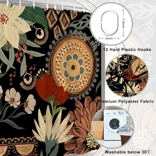 Douchegordijn, 180 x 180 cm, met groene bladeren, boho-bloemen, tropische bloemen, schimmelbestendig, wasbaar, waterdicht, polyester, douchegordijn met 12 haken, voor de badkamer