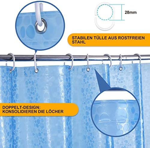 Anti-schimmel douche-/badgordijn met magneetgewicht aan de onderkant, 0,2 mm (183 x 200 cm), waterdicht, antibacterieel, EVA, 3D-steenpatroon, blauw, inclusief 12 S