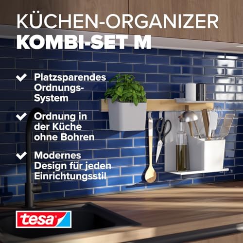 Tesa keukenorganizer combiset M – zelfklevende keukenrail met kruidenpot, 2 legplanken, houder voor keukengerei, haakrail incl. 3 haken – montage