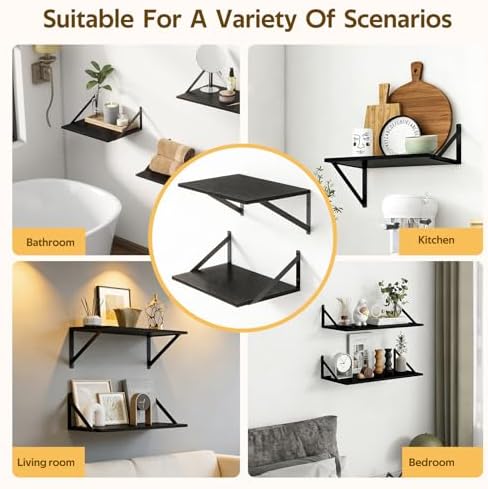 Wandplank 2-delige set, boekenplank voor aan de muur met metalen beugels, houten wandplank, zwevende plank, wandplank, voor woonkamer, keuken, slaapkamer, kantoor, badkamer