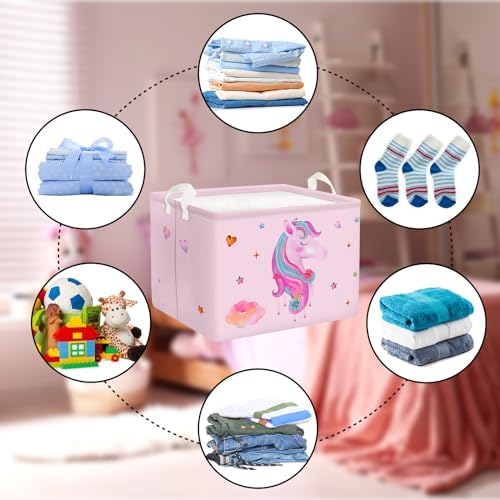Roze eenhoorn-wasmand voor kinderen met handvat, opvouwbare opbergmand voor kleding en speelgoed, opbergbox voor meisjes, voor babykamer en badkamer, hart, 40 x 30 x 30 cm