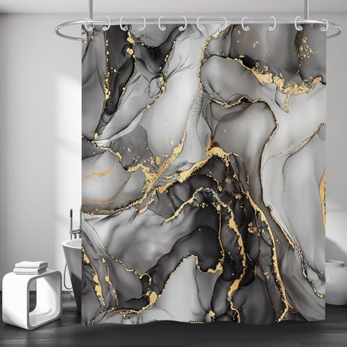 Douchegordijn Marmer 180 x 200 cm, Zwart Grijs Goud Abstract marmeren badkamergordijn Luxueus Modern Esthetisch Kunstdruk Textuur Waterdicht polyesterweefsel W