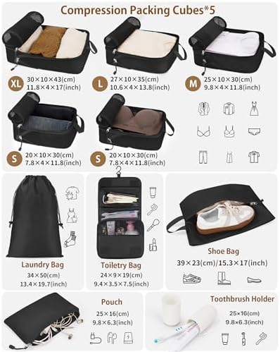 Packing Cubes met compressiefunctie – 10-delige kofferorganizer-set met compressiefunctie, samendrukbare Packing Cubes voor organisatie, Packing Cubes voor koffers