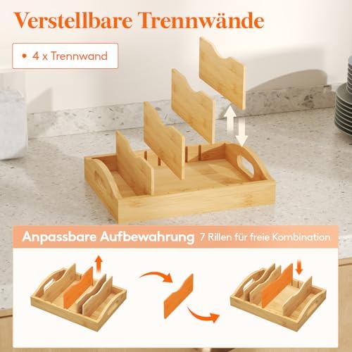Dekselorganizer van bamboe voor in de kast, verstelbare dekselhouder voor voorraadpotten met 4 inzetstukken en 5 vakken, keukenorganisatie voor thuis