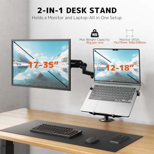 Monitorhouder met laptoparm voor 17–35 inch beeldschermen en notebooks tot 18 inch, volledig verstelbare, veerondersteunde laptophouder voor op het bureau, VESA 75 x 75/100 x