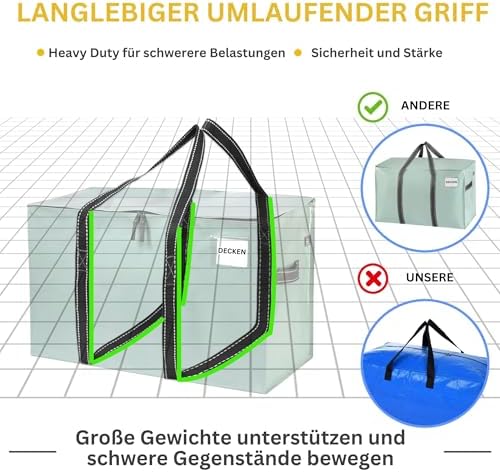 Opbergzak van 102 liter, opbergbox met deksel, stevige verhuiszakken met handvatten en ritssluiting, alternatief voor verhuisdozen, opvouwbare kledingopbergers (lichtgroen