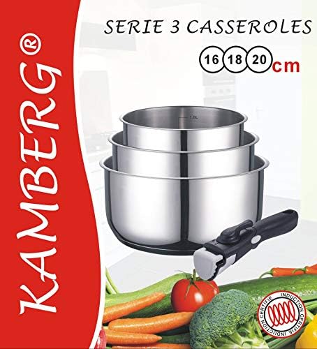 Set van 3 kookpannen 16/18/20 cm – roestvrij staal – afneembare handgreep – geschikt voor alle soorten fornuizen, inclusief inductie, grijs