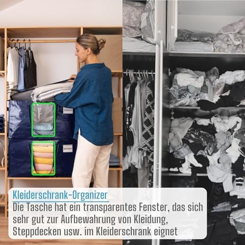Set van 4 XXL-verhuistassen (87 liter) met venster, opvouwbare opbergtas, stevige handvatten en ritssluiting, alternatief voor verhuisdozen voor kleding, blauw