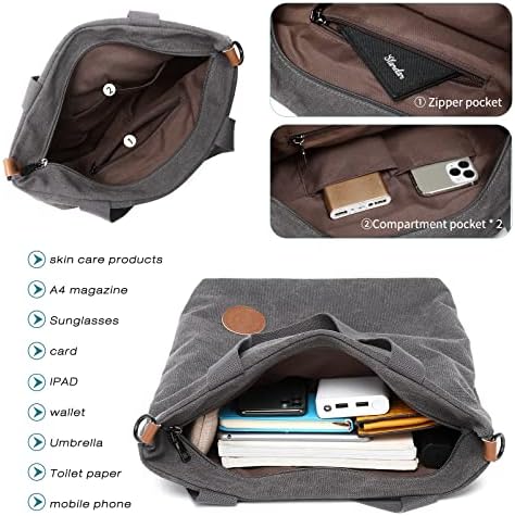 Dames canvas handtas, schoudertas, casual, multifunctionele schoudertassen, groot, voor werk, school, winkelen, vrije tijd en dagelijks gebruik, grijs, casual