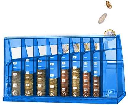 Muntensorteerder, euro-spaarpot, voor op kantoor en in de kinderkamer, als cadeau voor volwassenen en kinderen, gemaakt van gerecycled materiaal, afsluitbaar (met sleutel), transparant blauw