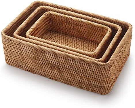Opbergmand van natuurlijk rotan, rechthoekige, gevlochten opbergbox, stapelbare sleutelhouder voor keukenkastjes en planken, set van 3