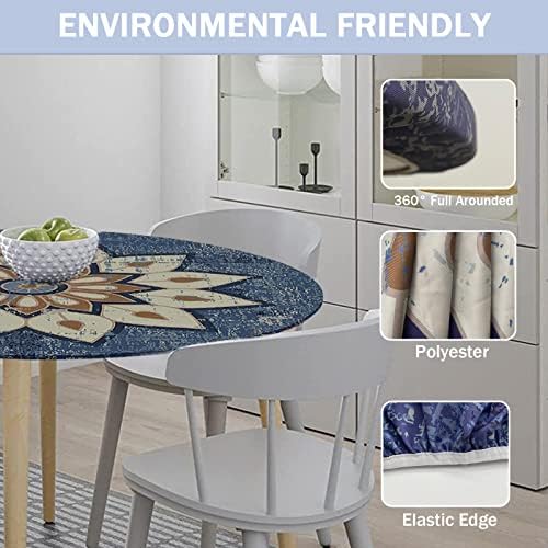 Tafelkleed voor buiten, rond, 120 cm, elastisch, rond, afwasbaar, waterafstotend, lotuseffect, tuintafelkleed, blauw, mandala, tafelkleed, ideaal voor
