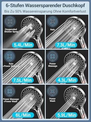 Douchekop met slang, 1,6 m, waterbesparende douchekop met filter, douchekop met 6 straalsoorten, spaardouchekop 7,5 l/min, groot (diameter 130 mm), ch