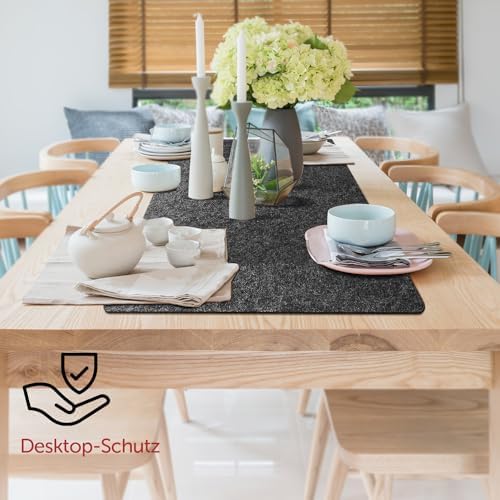 Vilt tafelloper, 100 x 30 cm, moderne tafelloper, wasbaar, Scandinavische vilt tafelloper met leren label, tafelloper, donkergrijs