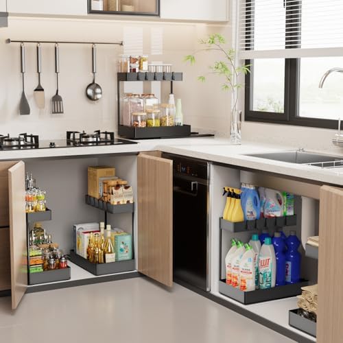 Keukenorganizer Kast Keukenorganizer 2 verdiepingen Onder-spoelbakrek Kastorganizer Keuken met 5 haken Onder-spoelbakorganizer voor spoelbak,
