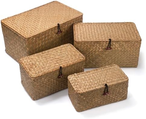 Mand met deksel, zeegras opbergmand, gevlochten opbergmanden, decoratieve opbergmanden voor het organiseren van planken, natuur