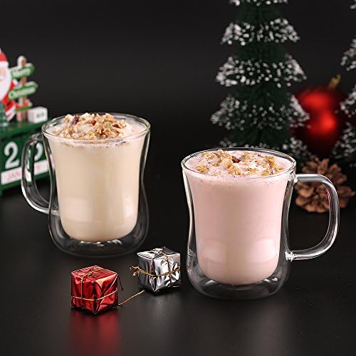Set dubbelwandige latte macchiato-glazen, koffiekopjes van borosilicaatglas, set van 6, 350 ml, theeglazen met oor voor cappuccino, latte macchiato,