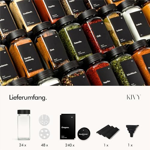 Kruidenrek met glazen potten, incl. 24 kruidenpotjes met etiketten, verstelbaar en geschikt voor alle lades, kruidenpotjes met rek, kruidenorganizer, lade