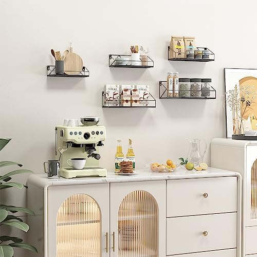 Wandrek-set bestaande uit 5 zwevende planken met klassieke zwarte houten planken en zwart metaal voor keuken, badkamer, woonkamer en kantoor