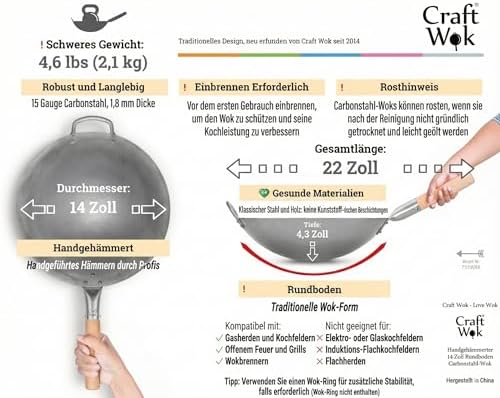Traditionele, met de hand gehamerde wok van koolstofstaal met houten en stalen handgreep (diameter 35,6 cm, ronde bodem) / 731W88 van