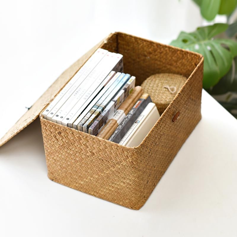 Mand met deksel, zeegras opbergmand, gevlochten opbergmanden, decoratieve opbergmanden voor het organiseren van planken, natuur