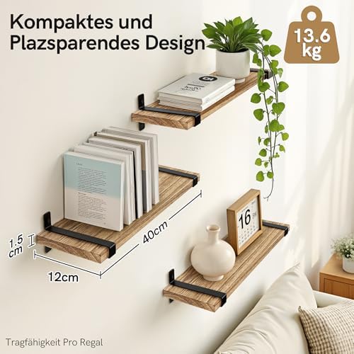 Houten wandplanken, set van 3, kleine wandplanken, zwart metaal, verwijderbare planken, geen boorgaten nodig, massief hout, industrieel, vintage, keuken, woonkamer