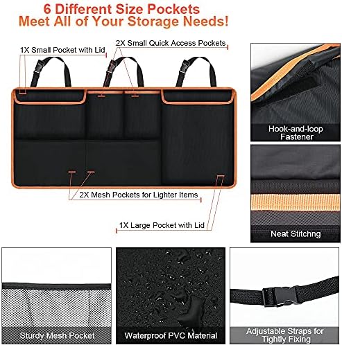 Kofferbakorganizer, 96 x 44 cm, grote opbergtas voor in de auto, kofferbaktas, waterdichte vakken, organizer voor op de autostoel met 6 vakken, verstelbare riemen en 3 bevestigingsmogelijkheden