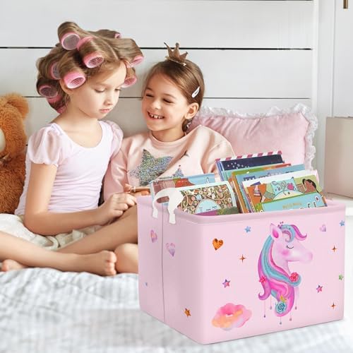 Roze eenhoorn-wasmand voor kinderen met handvat, opvouwbare opbergmand voor kleding en speelgoed, opbergbox voor meisjes, voor babykamer en badkamer, hart, 40 x 30 x 30 cm