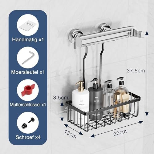 Doucherek om op te hangen, zwart, doucherek, douchemand, shampoohouder voor de douche, douchemand, ophanging van roestvrij staal, douchehouder zonder