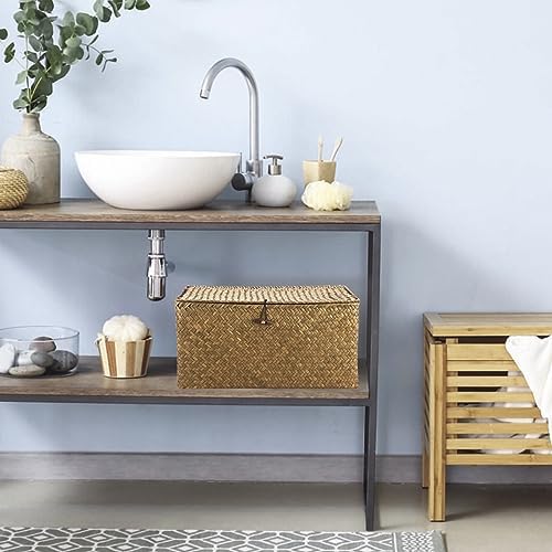 Zeegras opbergmand met deksel, gevlochten rieten mand, bureau mand, rechthoekig, badkamer, opbergdoos, woonkamer, decoratief, onder plank, mand, multifunctioneel